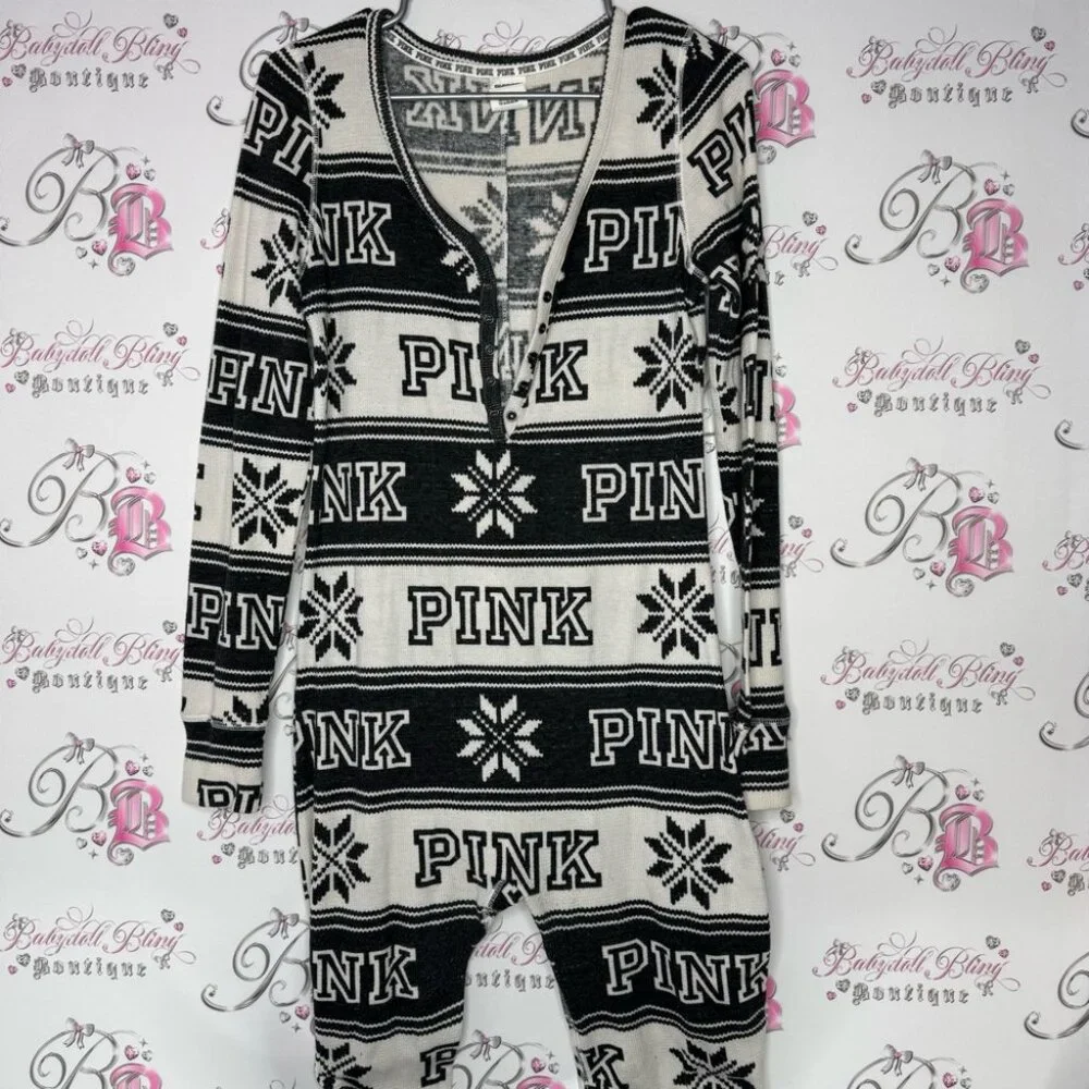 Victoria secret pink onesie long sleeve but flap waffle knit winter Pajamas - Picture 3 of 14